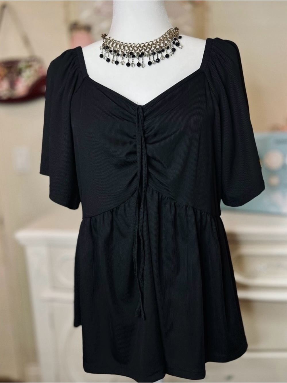Black Women's Ruched Babydoll Top - Brand Unknown